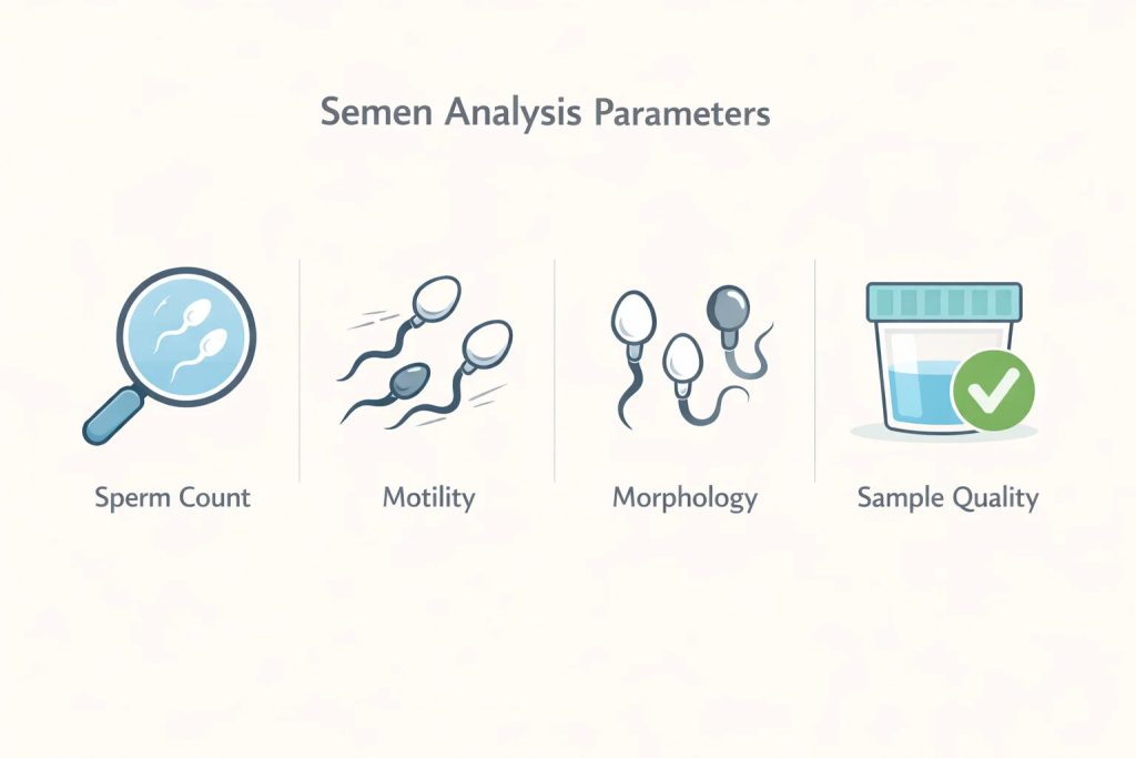 Infographic showing sperm count, motility, morphology, and sample quality as separate parameters.