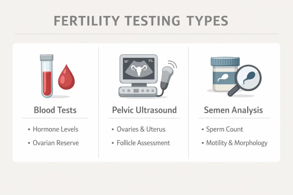 Infographic showing blood tests, ultrasound, and semen analysis icons.