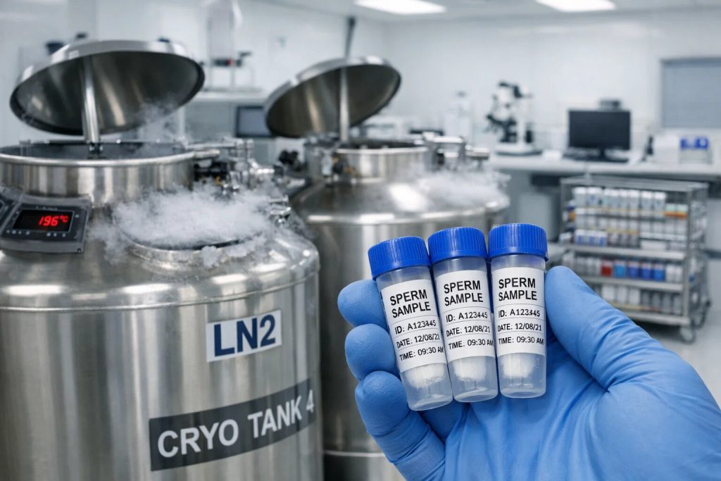 Laboratory image showing sperm cryopreservation storage tanks and labeled vials.