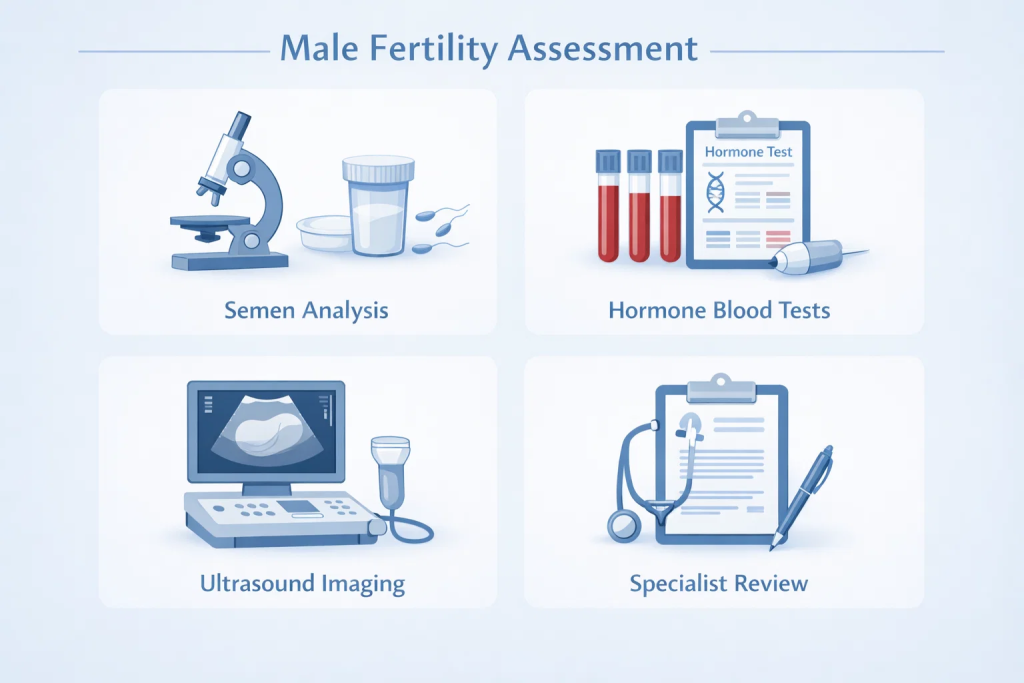 Diagram showing the main components of male fertility assessment including semen analysis, hormone tests, and imaging.