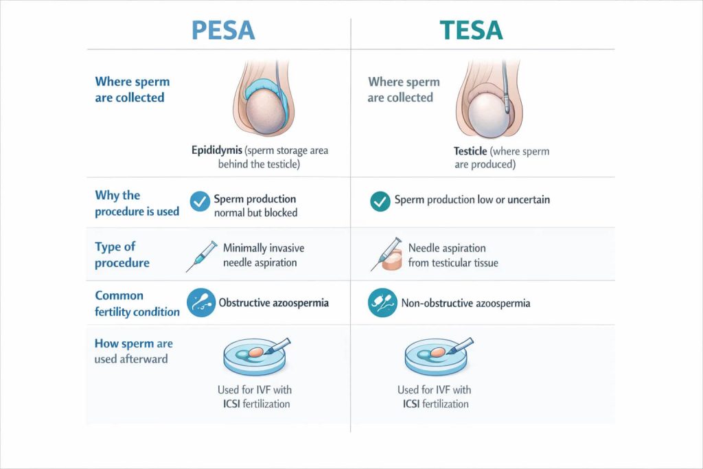 Comparison infographic showing sperm retrieval from epididymis versus testicle.