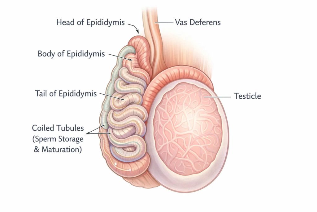 Detailed illustration showing the epididymis attached to the testicle.