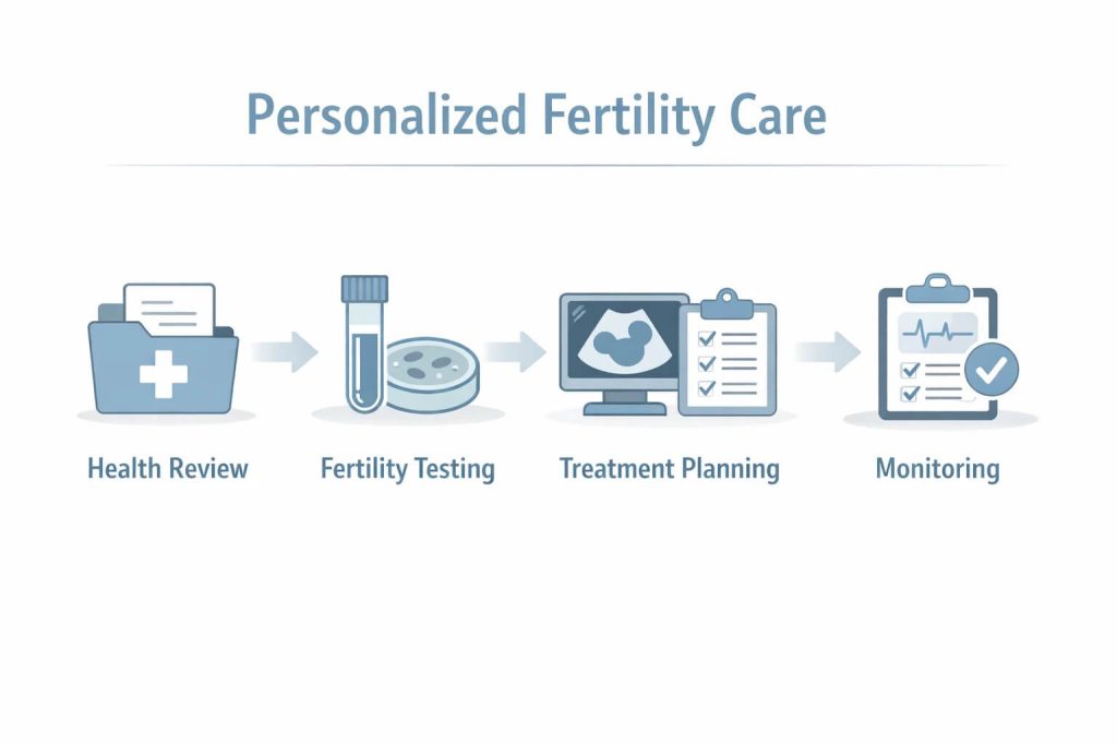 Infographic showing personalized fertility treatment planning with testing and monitoring steps.