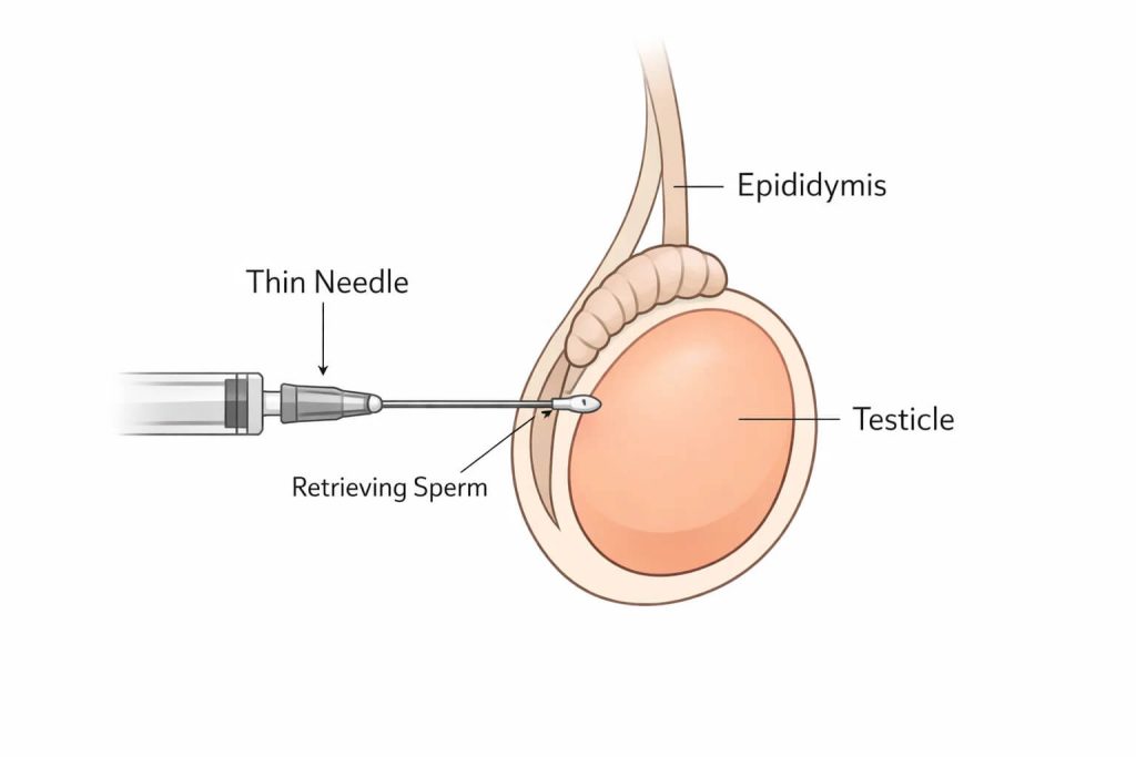 Medical illustration showing a needle retrieving sperm from the epididymis.