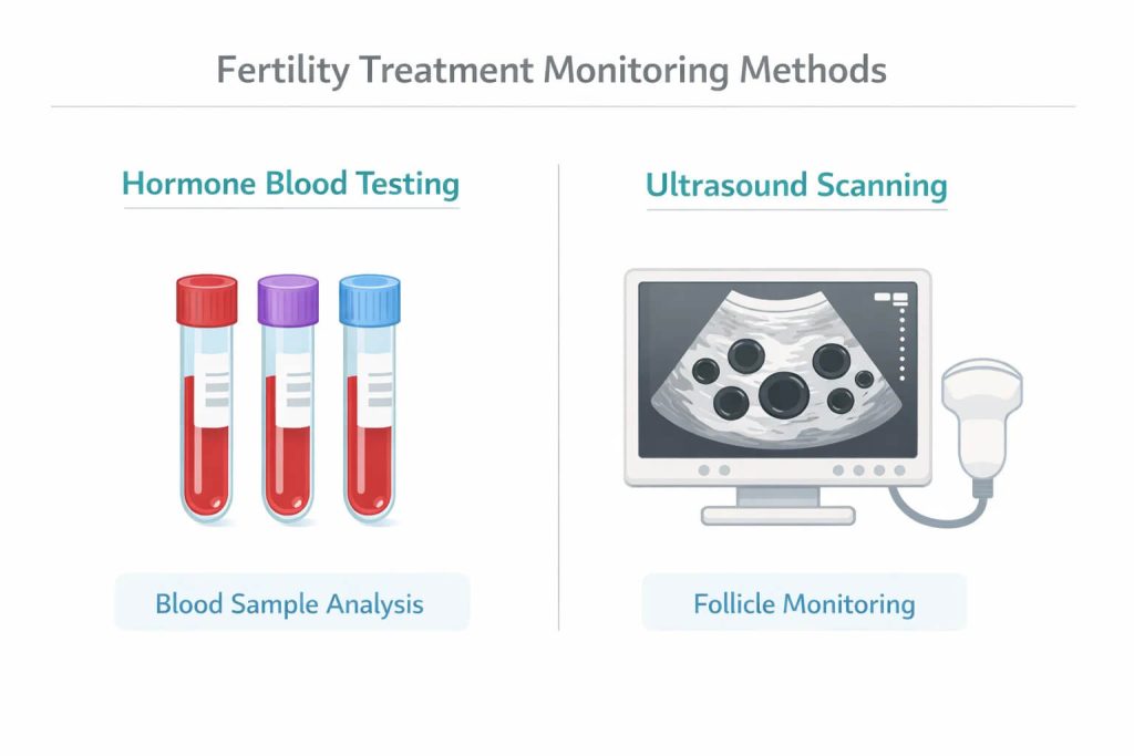 Medical visualization showing hormone monitoring and ultrasound tracking during fertility treatment.