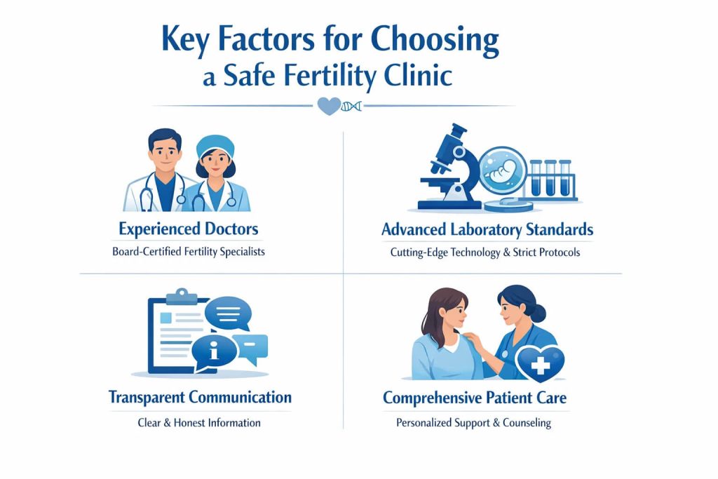 Professional medical infographic showing key factors for choosing a fertility clinic.