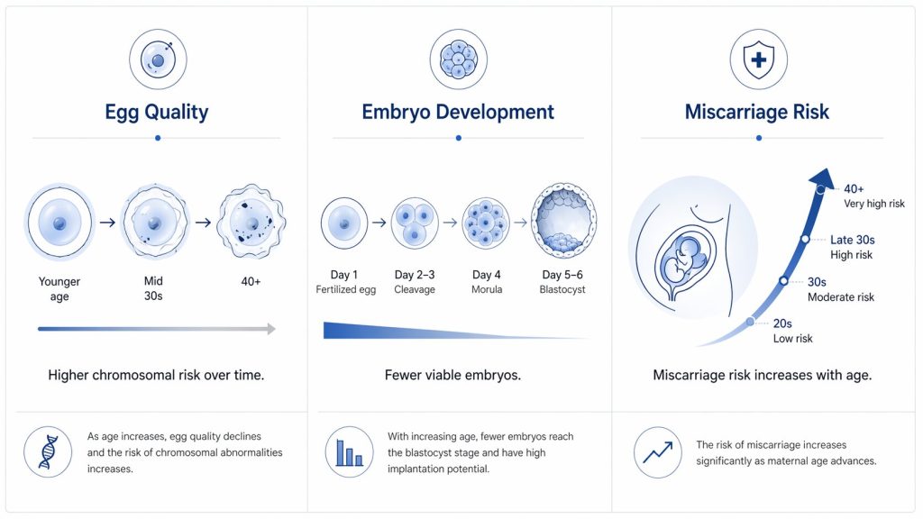 Medical diagram explaining how age affects IVF success rates through egg quality, embryo development, and miscarriage risk.
