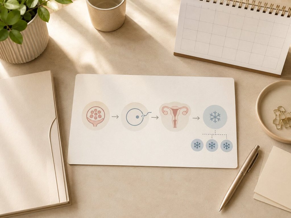 ภาพประกอบแสดงขั้นตอนการวางแผนการรักษา IVF ในมุมมองภาพรวม โดยมีสัญลักษณ์แสดงการย้ายตัวอ่อน (Embryo Transfer) และการแช่แข็งตัวอ่อน (Embryo Freezing)