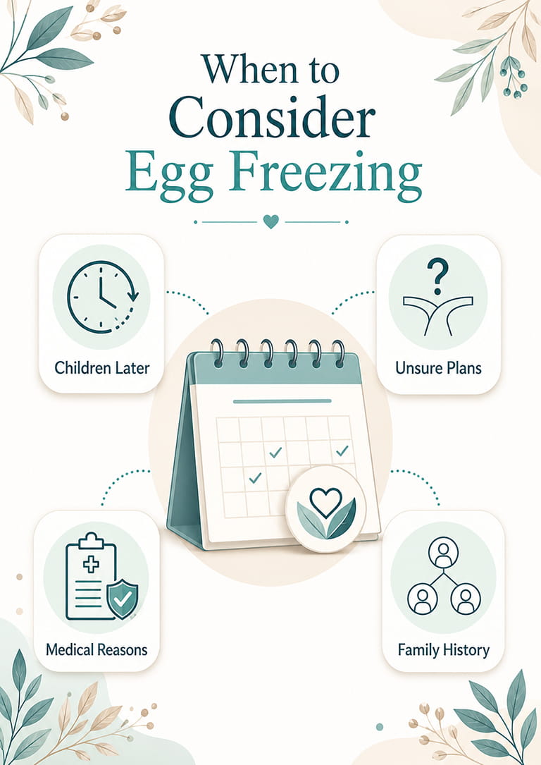 Infographic showing common reasons to consider egg freezing, including future timing, uncertain family plans, medical reasons and family history.