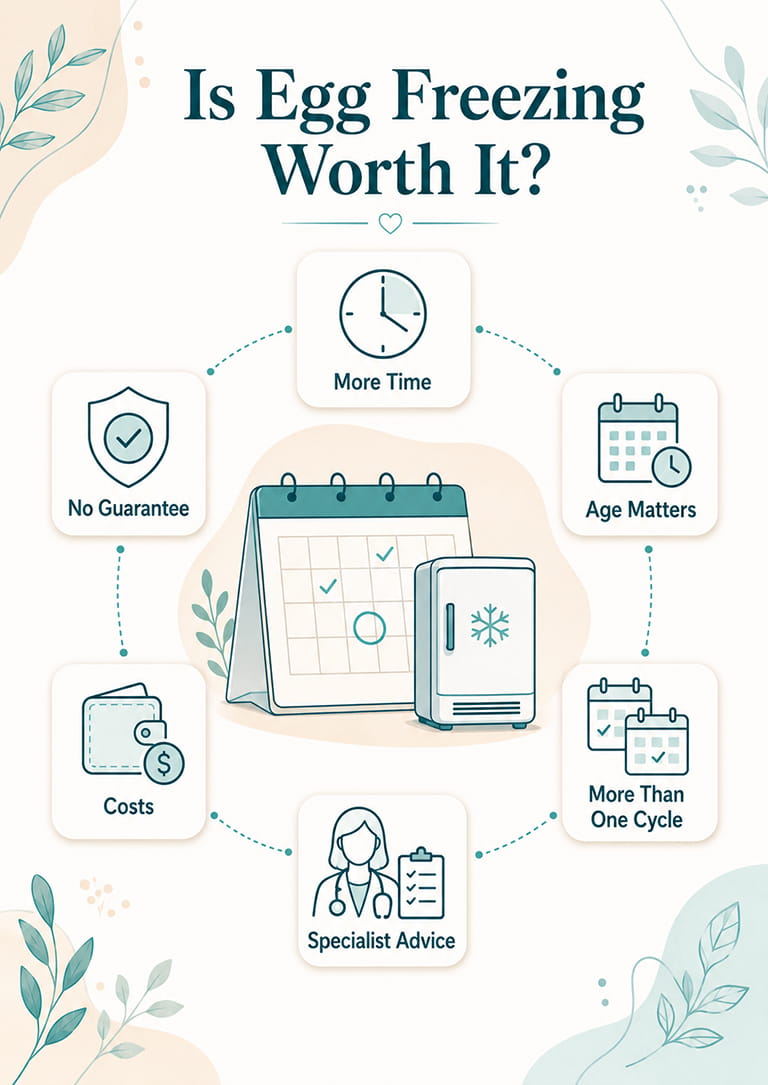 Infographic showing key egg freezing considerations, including timing, age, cost, possible multiple cycles and specialist advice.