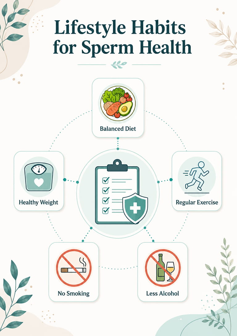 Infographic showing lifestyle habits that may support sperm quality, including diet, weight, exercise, avoiding smoking and limiting alcohol.
