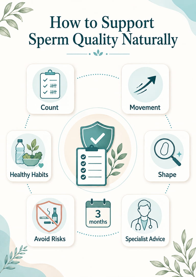 Infographic showing ways to support sperm quality naturally, including healthy habits, avoiding risk factors, allowing time for sperm development and seeking specialist advice.